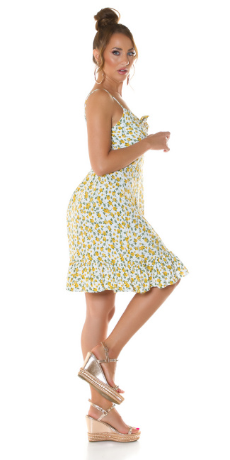 Trendy zomer mini jurkje met bloemen-print geel